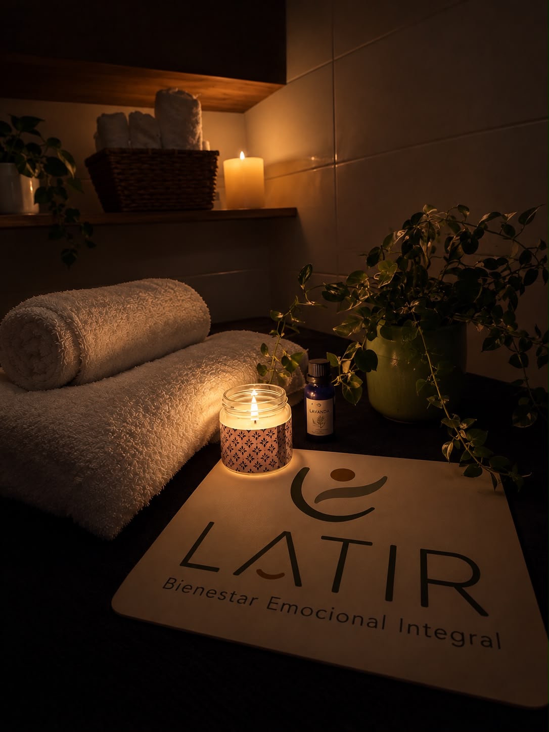 Toallas, velas y plantas en el ambiente de bienestar de Casa LATIR